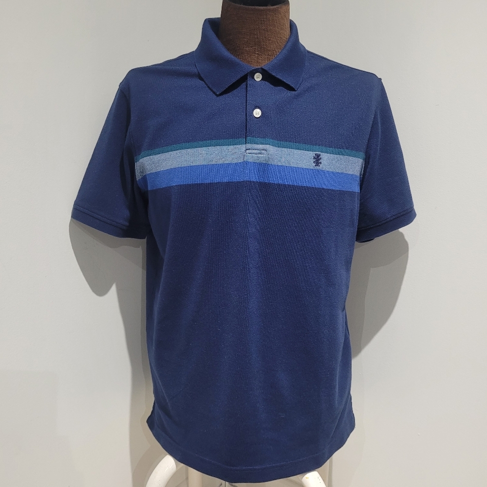 IZOD Men's Cotton Blend Short Sleeve Striped Polo Shirt Medium Blue Golf Casual